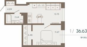 Апарт-комплекс «17/33 Петровский остров», планировка 1-комнатной квартиры, 36.63 м²