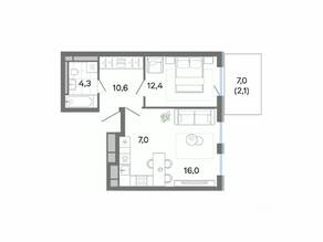 ЖК «G3 Театральный», планировка 2-комнатной квартиры, 53.70 м²