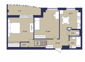 ЖК «Port», планировка 2-комнатной квартиры, 63.80 м²