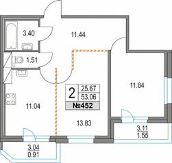 ЖК «Приморский квартал», планировка 2-комнатной квартиры, 53.06 м²