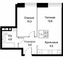 Апарт-комплекс «Aist Residence», планировка 1-комнатной квартиры, 40.20 м²