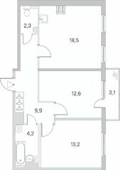 МЖК «Новое Сертолово», планировка 2-комнатной квартиры, 61.60 м²