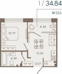 Апарт-комплекс «17/33 Петровский остров», планировка 1-комнатной квартиры, 34.84 м²