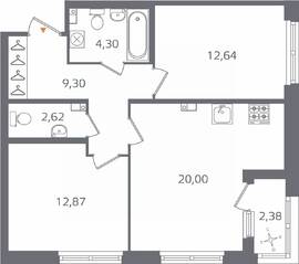 ЖК «Б15», планировка 2-комнатной квартиры, 62.92 м²