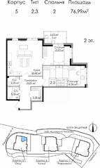 ЖК «Малая Финляндия», планировка 2-комнатной квартиры, 76.99 м²