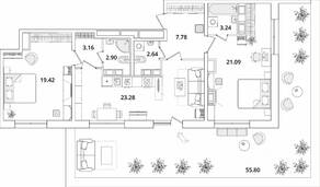 ЖК «БелАрт», планировка 2-комнатной квартиры, 100.25 м²