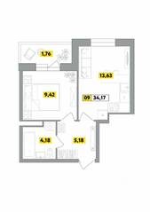 ЖК «Радость», планировка 1-комнатной квартиры, 34.14 м²