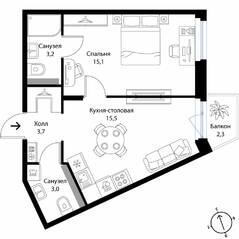 МЖК «Экография», планировка 1-комнатной квартиры, 41.20 м²