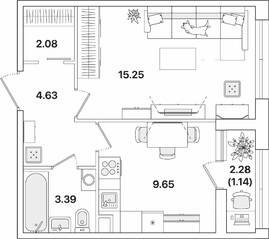 ЖК «Академик», планировка 1-комнатной квартиры, 36.14 м²