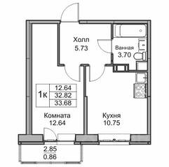 ЖК «Юнтолово», планировка 1-комнатной квартиры, 33.40 м²