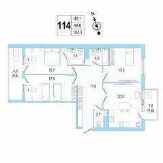 ЖК «Lotos Club», планировка 3-комнатной квартиры, 104.30 м²
