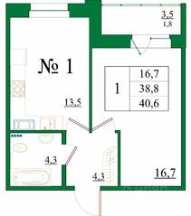 ЖК «Орловский бульвар», планировка 1-комнатной квартиры, 40.60 м²