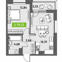 ЖК «Аквилон Leaves», планировка 2-комнатной квартиры, 39.23 м²