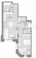 ЖК «AKZENT», планировка 1-комнатной квартиры, 57.63 м²