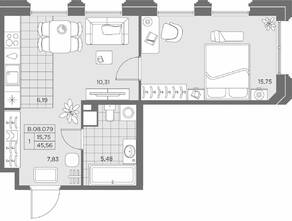 ЖК «AKZENT», планировка 1-комнатной квартиры, 45.84 м²