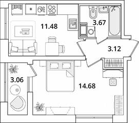 ЖК «БелАрт», планировка 1-комнатной квартиры, 34.48 м²