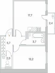 МЖК «Новое Сертолово», планировка 1-комнатной квартиры, 43.00 м²