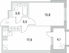 ЖК «Югтаун. Олимпийские кварталы», планировка 1-комнатной квартиры, 41.05 м²