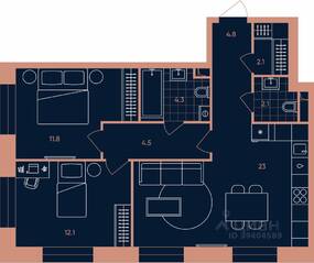 ЖК «ERA», планировка 3-комнатной квартиры, 64.70 м²