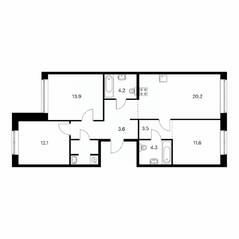 ЖК «Лермонтовский 54», планировка 3-комнатной квартиры, 83.70 м²