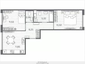 ЖК «Plus Пулковский», планировка 2-комнатной квартиры, 53.11 м²