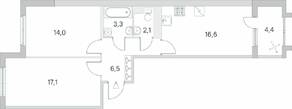 ЖК «Югтаун. Олимпийские кварталы», планировка 2-комнатной квартиры, 61.80 м²