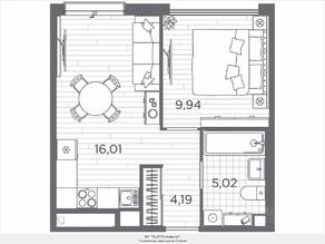 ЖК «Plus Пулковский», планировка 1-комнатной квартиры, 35.16 м²
