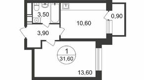 МФК «Люберцы 2023», планировка 1-комнатной квартиры, 32.50 м²