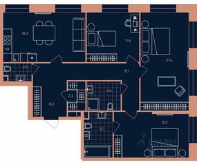 ЖК «ERA», планировка 3-комнатной квартиры, 97.40 м²