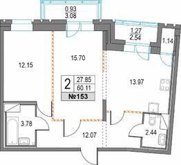 ЖК «Приморский квартал», планировка 2-комнатной квартиры, 60.11 м²