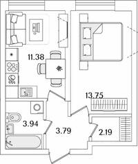 ЖК «БелАрт», планировка 1-комнатной квартиры, 35.05 м²