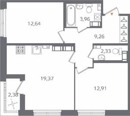 ЖК «Б15», планировка 2-комнатной квартиры, 61.66 м²
