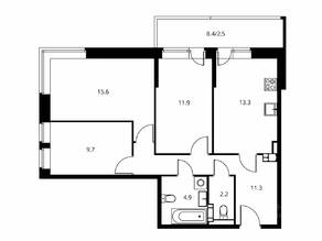 ЖК «Солнечный парк», планировка 3-комнатной квартиры, 71.38 м²