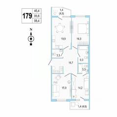 ЖК «Lotos Club», планировка 3-комнатной квартиры, 98.90 м²
