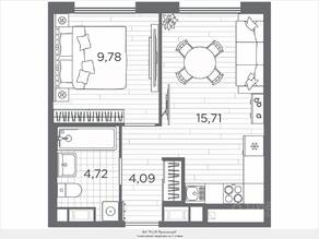 ЖК «Plus Пулковский», планировка 1-комнатной квартиры, 34.30 м²