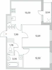 ЖК «Ясно. Янино», планировка 2-комнатной квартиры, 57.44 м²