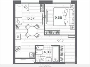 ЖК «Plus Пулковский», планировка 1-комнатной квартиры, 35.21 м²