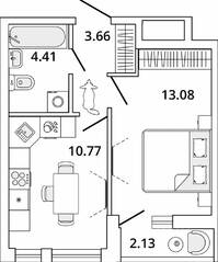 ЖК «Master Place», планировка 1-комнатной квартиры, 32.99 м²