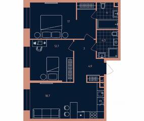 ЖК «ERA», планировка 3-комнатной квартиры, 64.60 м²