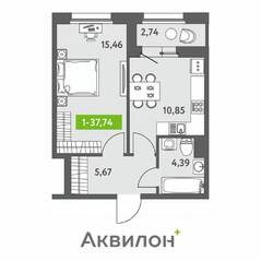 ЖК «Аквилон ZALIVE», планировка 1-комнатной квартиры, 37.74 м²