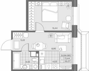 ЖК «AKZENT», планировка 1-комнатной квартиры, 36.35 м²