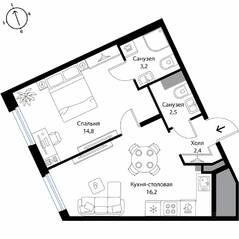 МЖК «Экография», планировка 1-комнатной квартиры, 39.10 м²