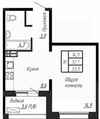 ЖК «Сибирь», планировка 1-комнатной квартиры, 33.90 м²