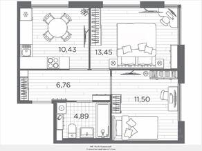 ЖК «Plus Пулковский», планировка 2-комнатной квартиры, 47.03 м²