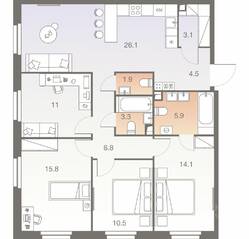 ЖК «Twelve», планировка 5-комнатной квартиры, 103.00 м²