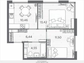 ЖК «Plus Пулковский», планировка 2-комнатной квартиры, 46.37 м²