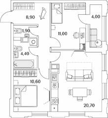 ЖК «Тайм Сквер», планировка 2-комнатной квартиры, 59.50 м²