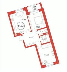 ЖК «Ariosto!», планировка 2-комнатной квартиры, 61.82 м²