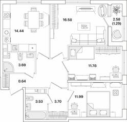 ЖК «Академик», планировка 3-комнатной квартиры, 75.64 м²