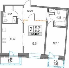 ЖК «Приморский квартал», планировка 2-комнатной квартиры, 61.94 м²